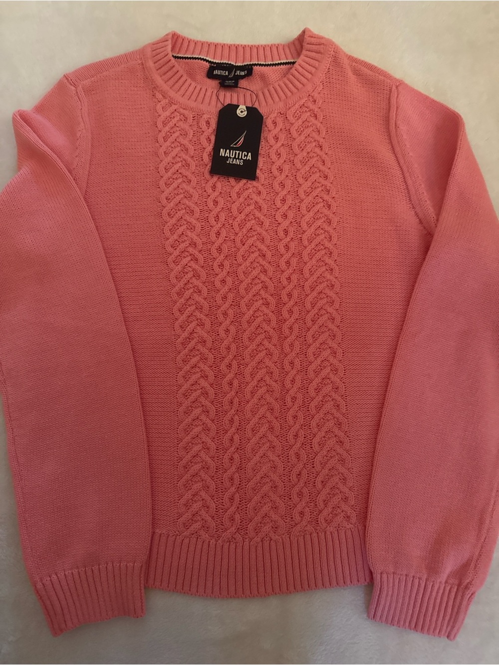 Nautica Pink Cable-Front Crewneck Sweater